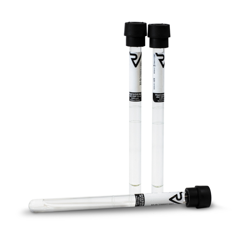 Пробірка ШОЕ для забору крові VACUSERA®, 1,28мл, з цитратом натрію (3,2%), 8х120мм, скло, з чорною кришкою, IVD